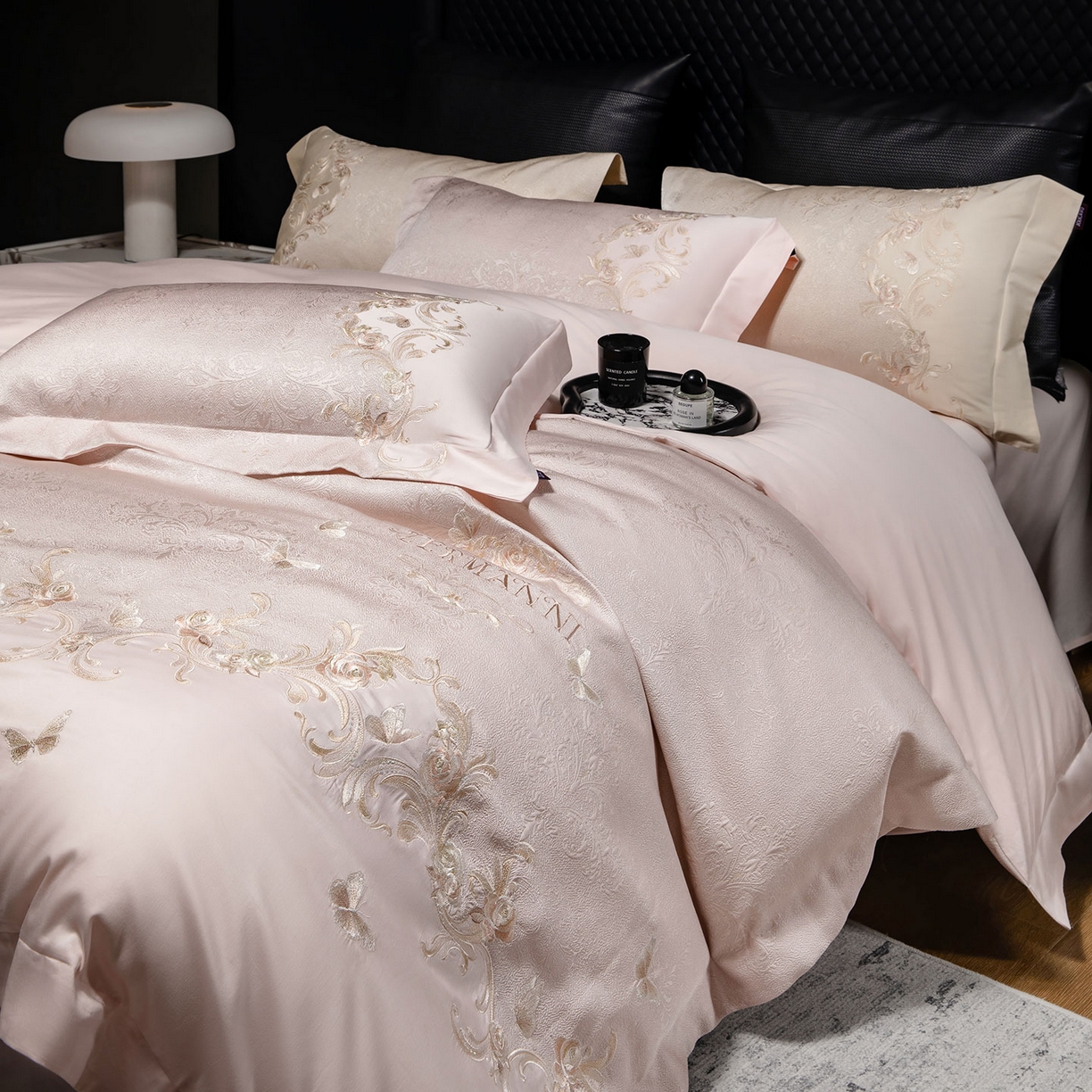 乔利卡沃 2026高端新品A类100支长绒棉纯棉四件套100全棉厚织提花高档重工刺绣被套床单床笠床上用品-觅棠 觅棠-柔雪粉