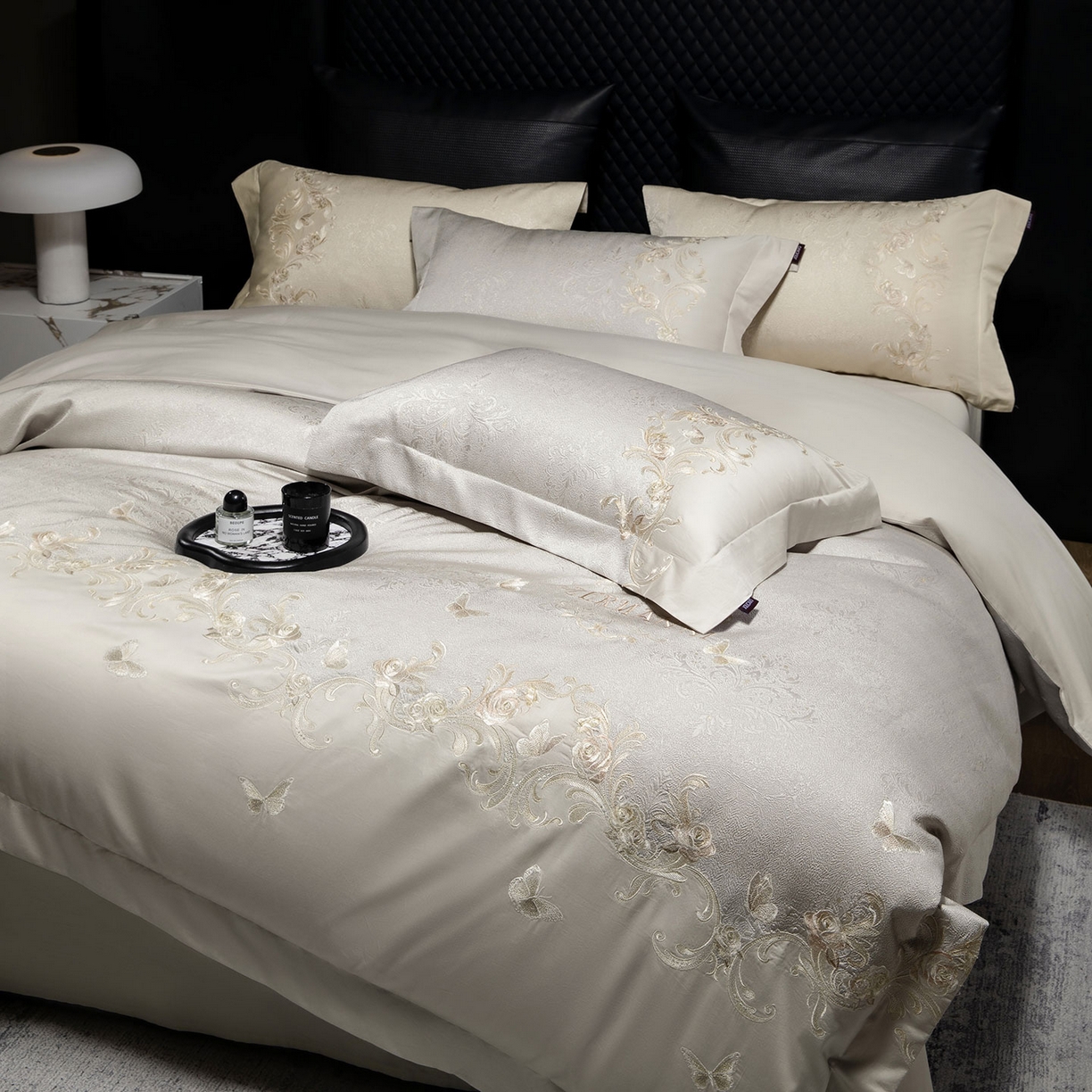 91家纺网 家纺一手货源 找家纺 乔利卡沃 2026高端新品A类100支长绒棉纯棉四件套100全棉厚织提花高档重工刺绣被套床单床笠床上用品-觅棠 觅棠-迷雾灰