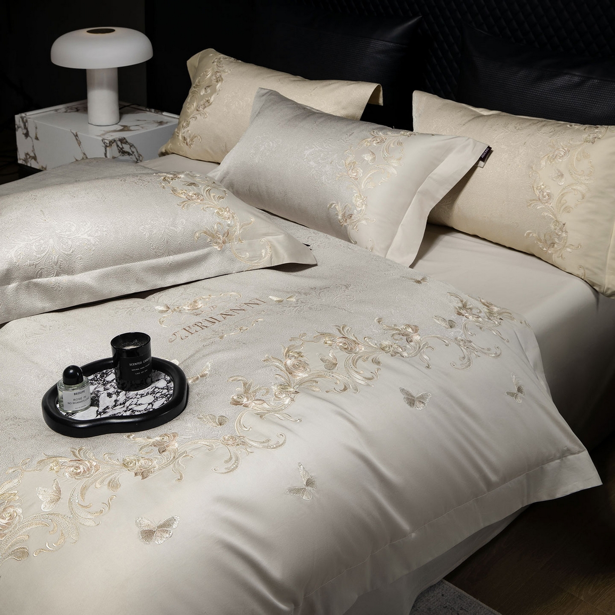 91家纺网 家纺一手货源 找家纺 乔利卡沃 2026高端新品A类100支长绒棉纯棉四件套100全棉厚织提花高档重工刺绣被套床单床笠床上用品-觅棠 觅棠-迷雾灰