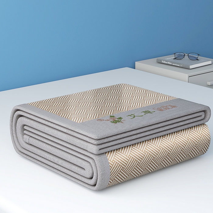 91家纺网 家纺一手货源 找家纺 步步高席业 2026新款艾草冰丝席饼干花凉席三件套 饼干花-咖色