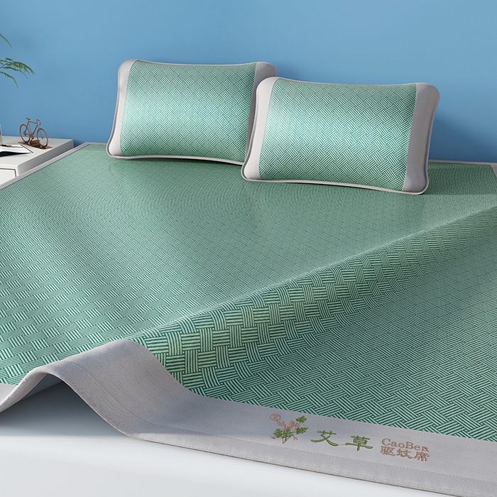 91家纺网 家纺一手货源 找家纺 步步高席业 2026新款艾草冰丝席饼干花凉席三件套 饼干花-绿色