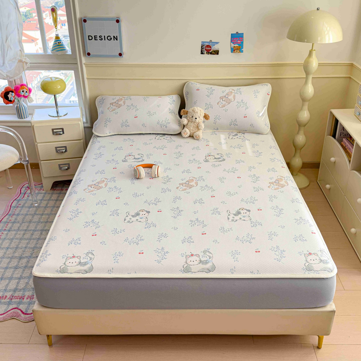 91家纺网 家纺一手货源 找家纺 孩子王家纺 2026春夏新款豆豆席卡通凉感值过0.21可机洗夏天学生宿舍单人空调软席凉席席子 樱桃泡泡狗 床笠款