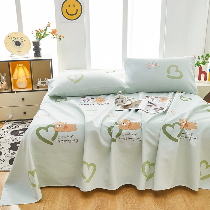 91家纺网 家纺一手货源 找家纺 蕾诺家纺 2026新款老粗布加厚全包防滑床单可组合三件套 泰迪熊