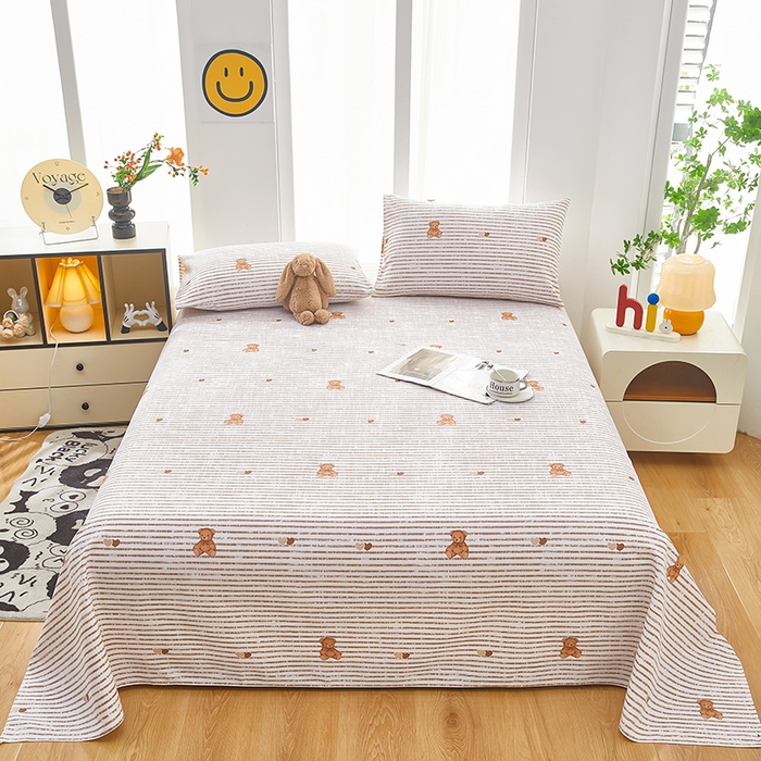蕾诺家纺 2026新款老粗布加厚全包防滑床单可组合三件套 条纹熊