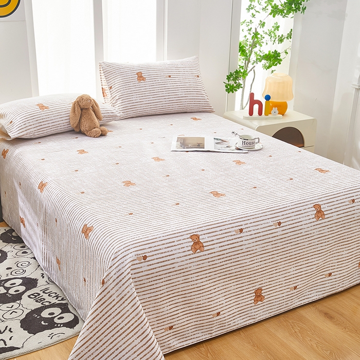 91家纺网 家纺一手货源 找家纺 蕾诺家纺 2026新款老粗布加厚全包防滑床单可组合三件套 条纹熊