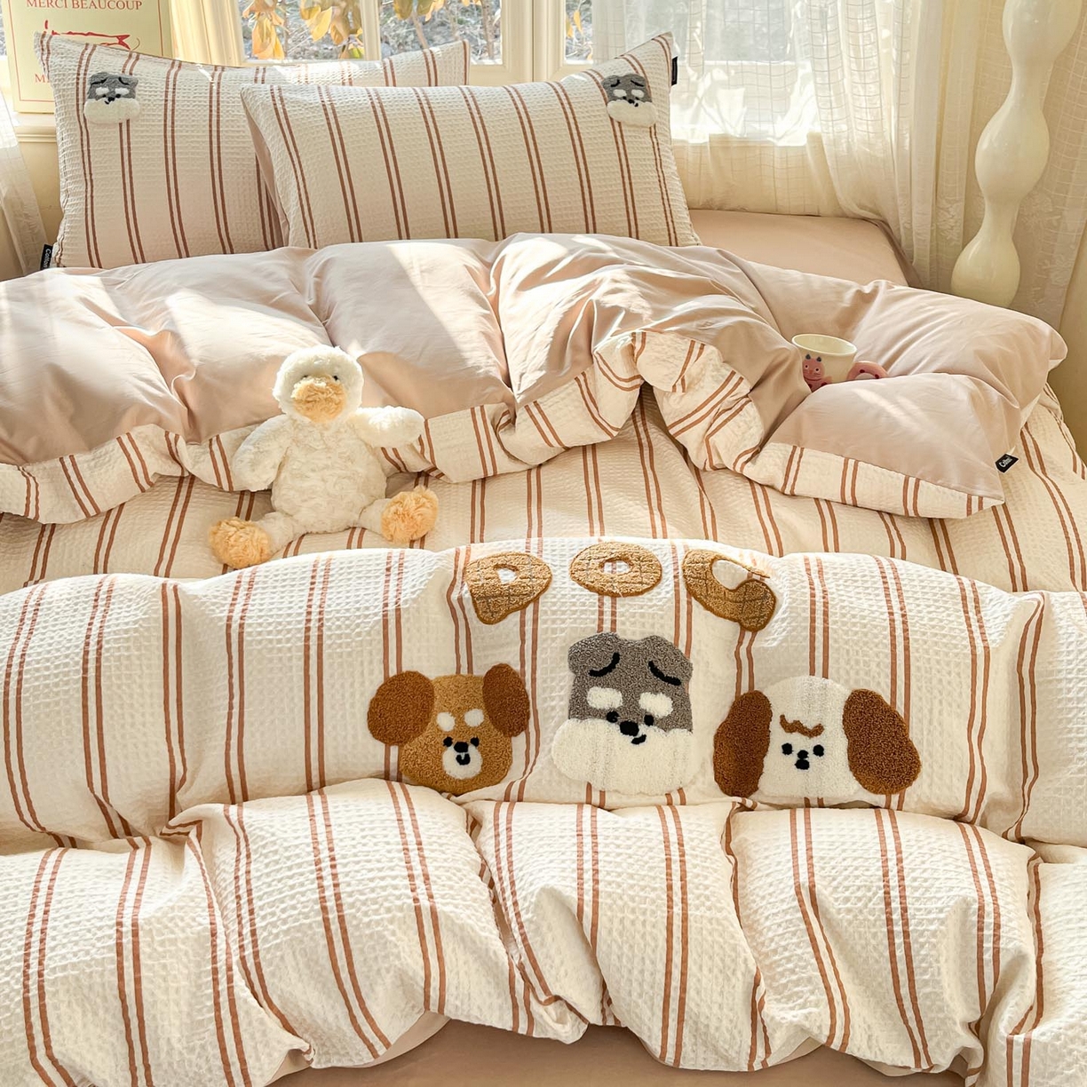 91家纺网 家纺一手货源 找家纺 涵宸家纺 2026新款全棉提花华夫格四件套 风月米