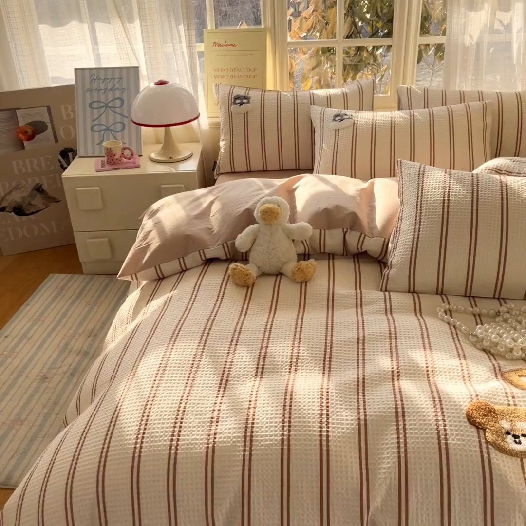 91家纺网 家纺一手货源 找家纺 涵宸家纺 2026新款全棉提花华夫格四件套 风月米