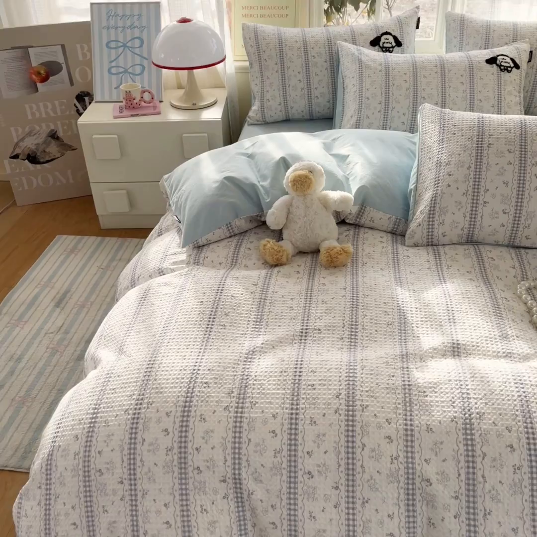 91家纺网 家纺一手货源 找家纺 涵宸家纺 2026新款全棉提花华夫格四件套 泡芙