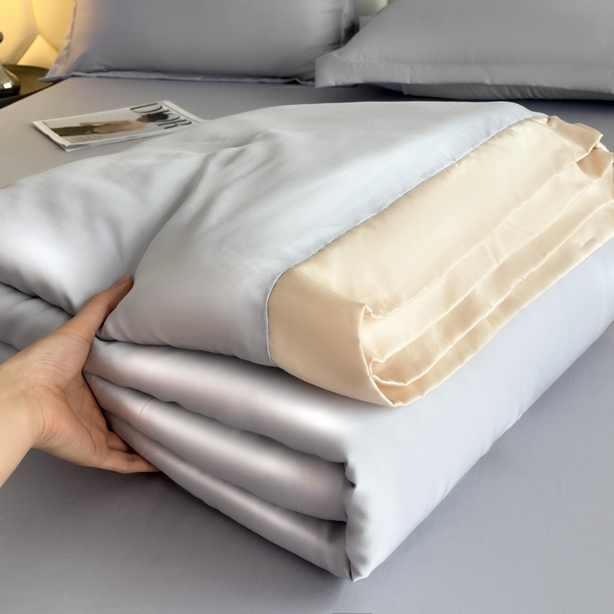 91家纺网 家纺一手货源 找家纺 蕾诺家纺 2026新款水洗真丝夏被纯色宽边夏被 水洗真丝-梦幻银