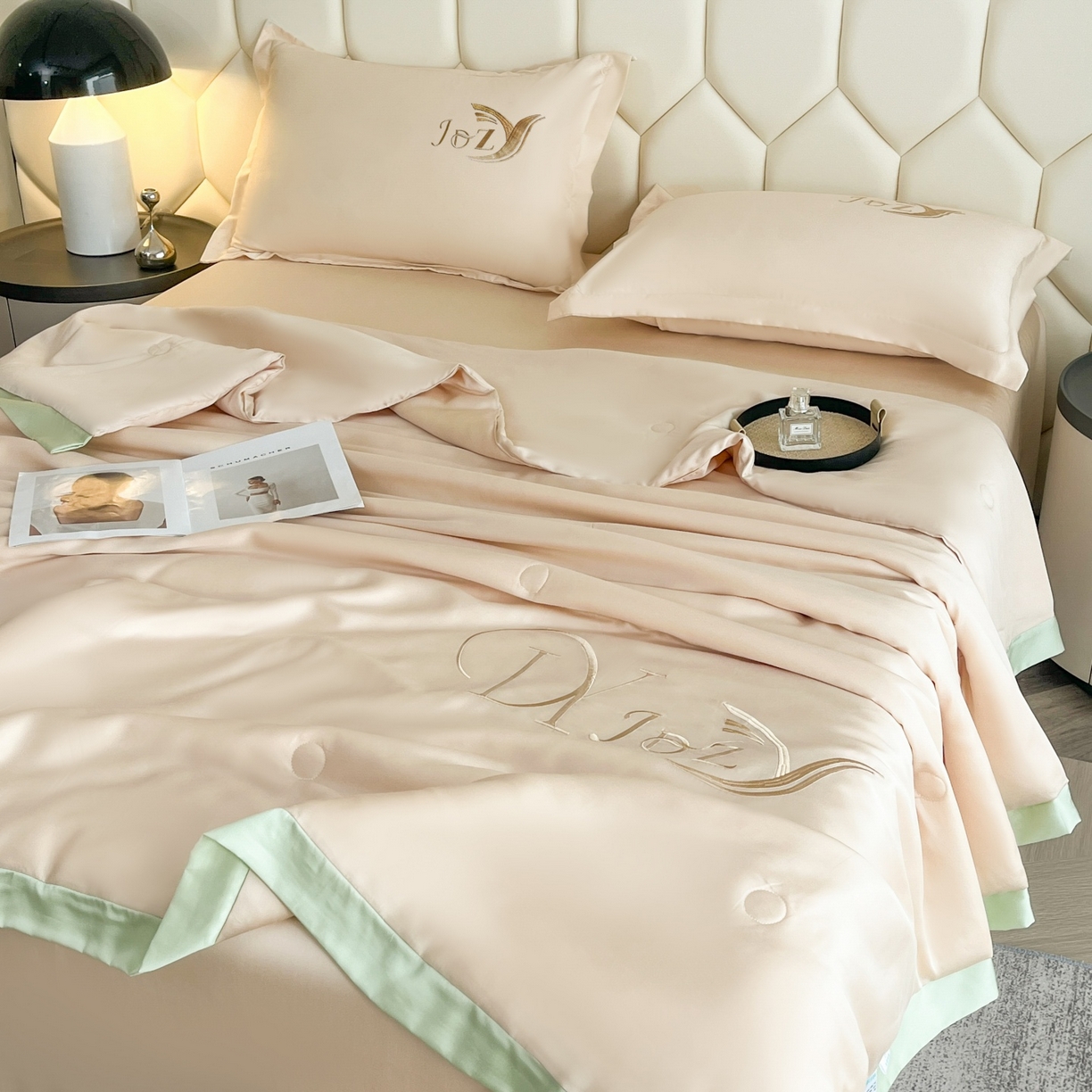 91家纺网 家纺一手货源 找家纺 蕾诺家纺 2026新款水洗真丝夏被纯色宽边夏被 水洗真丝-香槟金