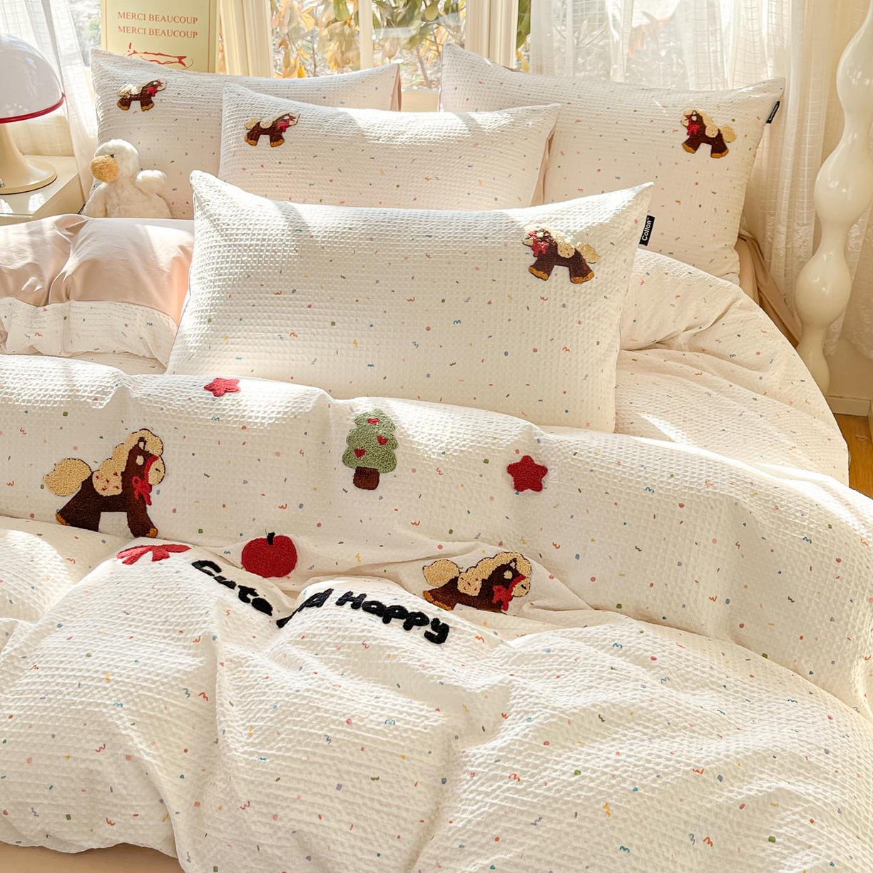 91家纺网 家纺一手货源 找家纺 涵宸家纺 2026新款全棉提花华夫格四件套 余弦之歌