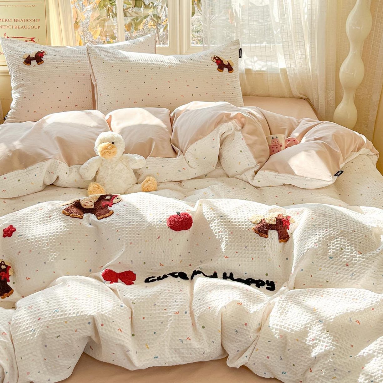 91家纺网 家纺一手货源 找家纺 涵宸家纺 2026新款全棉提花华夫格四件套 余弦之歌