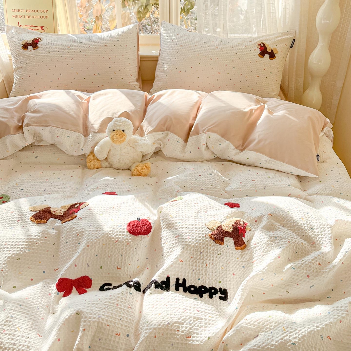 91家纺网 家纺一手货源 找家纺 涵宸家纺 2026新款全棉提花华夫格四件套 余弦之歌