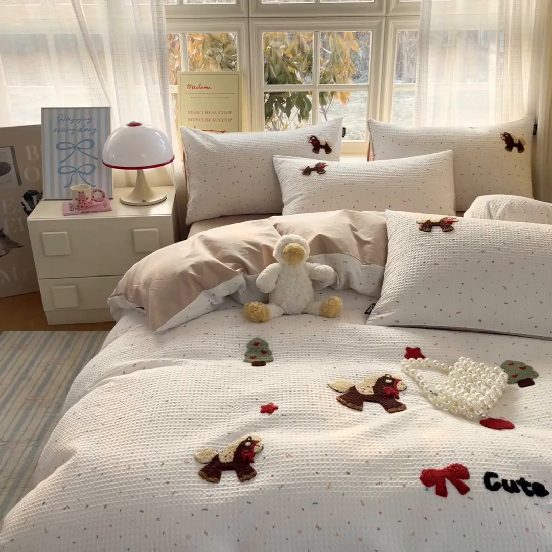 91家纺网 家纺一手货源 找家纺 涵宸家纺 2026新款全棉提花华夫格四件套 余弦之歌