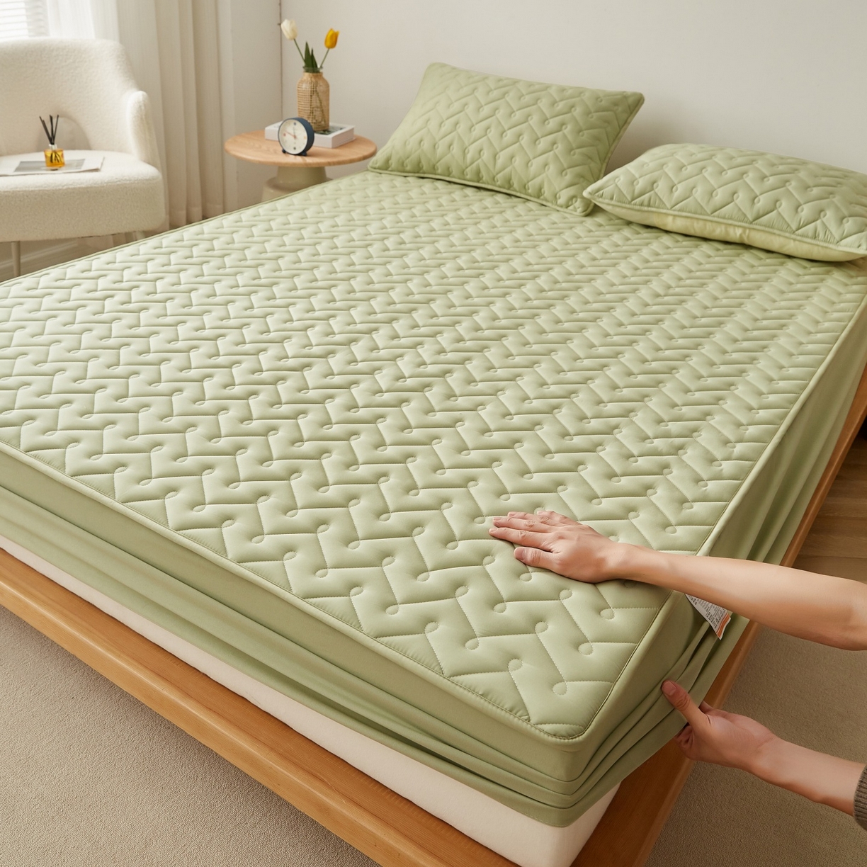 91家纺网 家纺一手货源 找家纺 （总）蕾诺家纺 2026新款纯棉全包裹床罩防滑防尘夹棉床笠-波浪纹