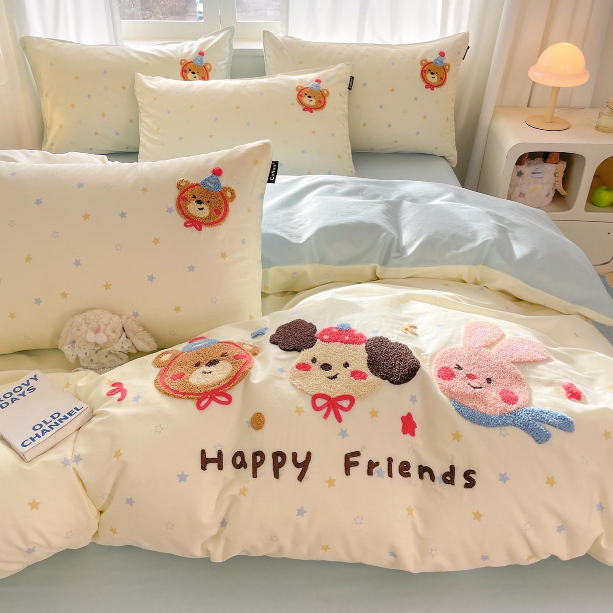 91家纺网 家纺一手货源 找家纺 涵宸家纺 2026新款全棉印花毛巾绣四件套 动物派对