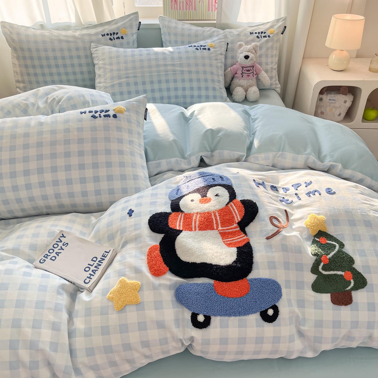 涵宸家纺 2026新款全棉印花毛巾绣四件套 活力企鹅