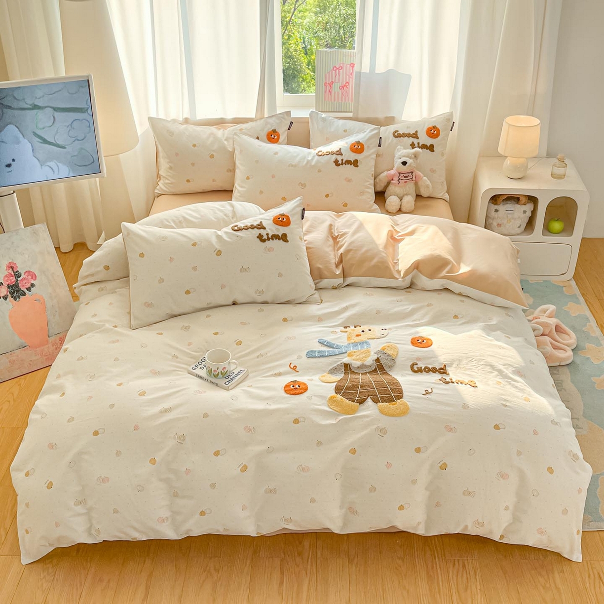 91家纺网 家纺一手货源 找家纺 涵宸家纺 2026新款全棉印花毛巾绣四件套 鹿遇时光