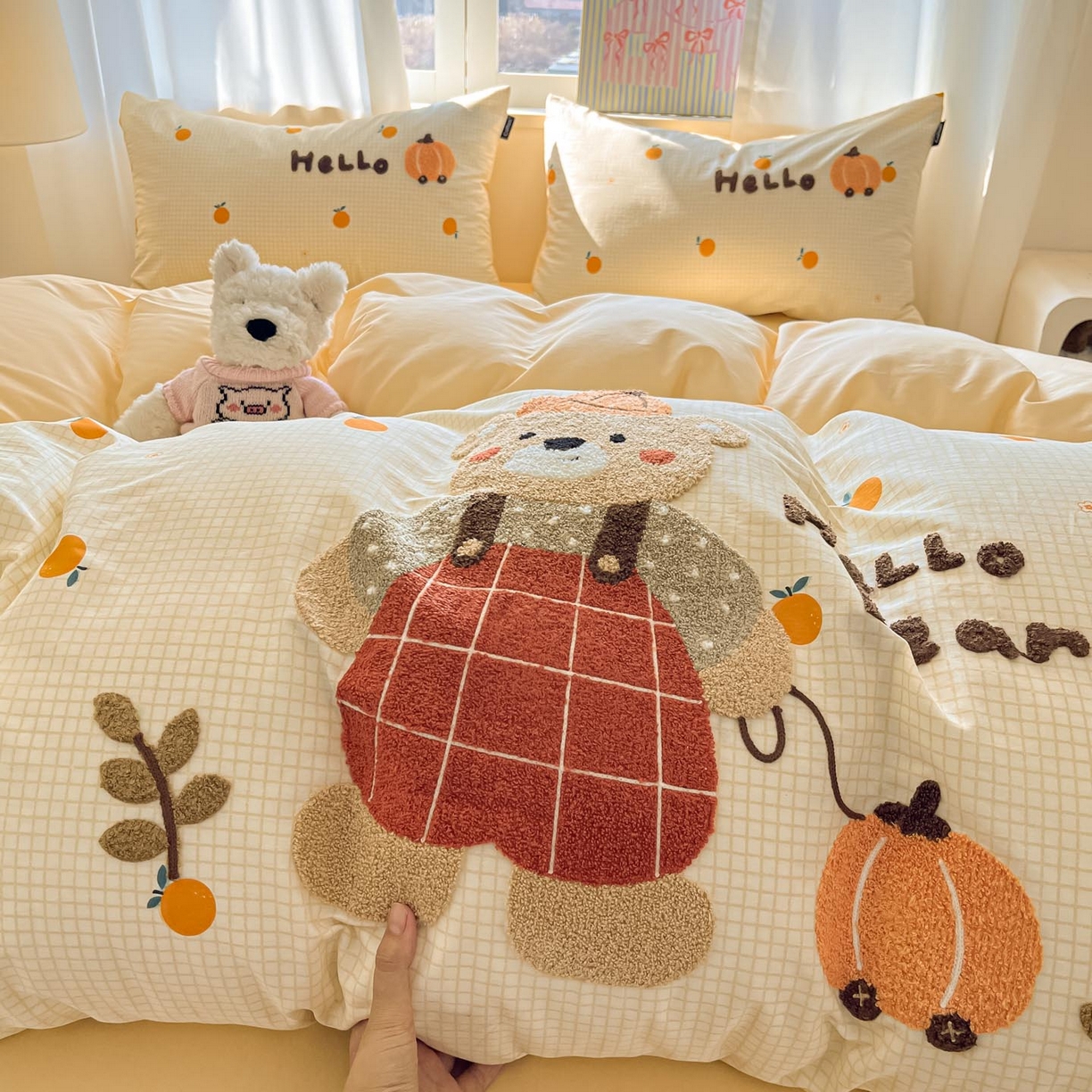 91家纺网 家纺一手货源 找家纺 涵宸家纺 2026新款全棉印花毛巾绣四件套 南瓜熊