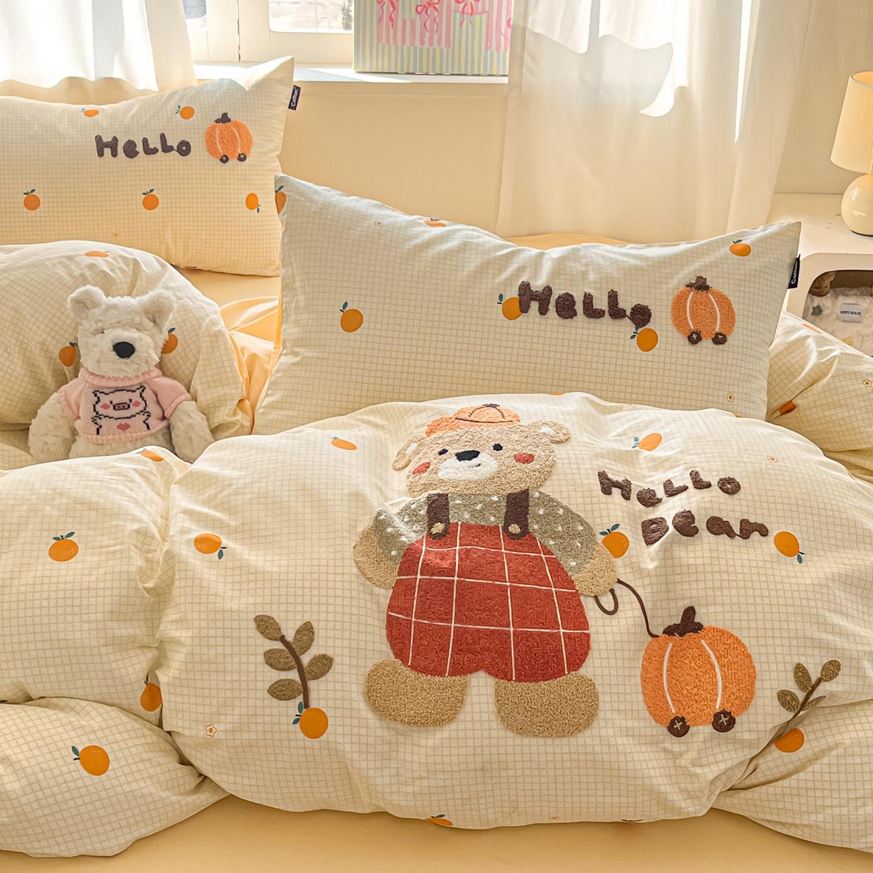 91家纺网 家纺一手货源 找家纺 涵宸家纺 2026新款全棉印花毛巾绣四件套 南瓜熊