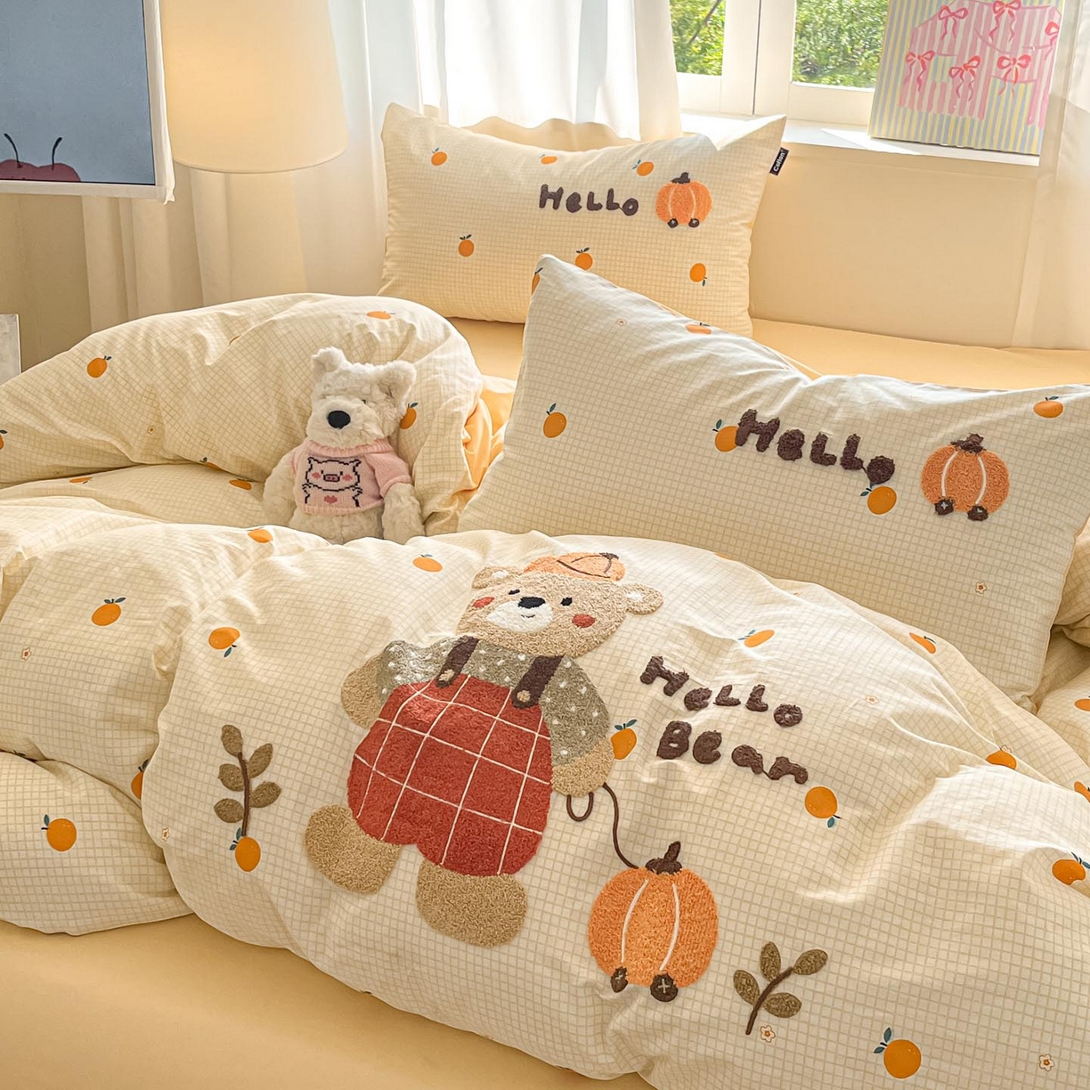 91家纺网 家纺一手货源 找家纺 涵宸家纺 2026新款全棉印花毛巾绣四件套 南瓜熊