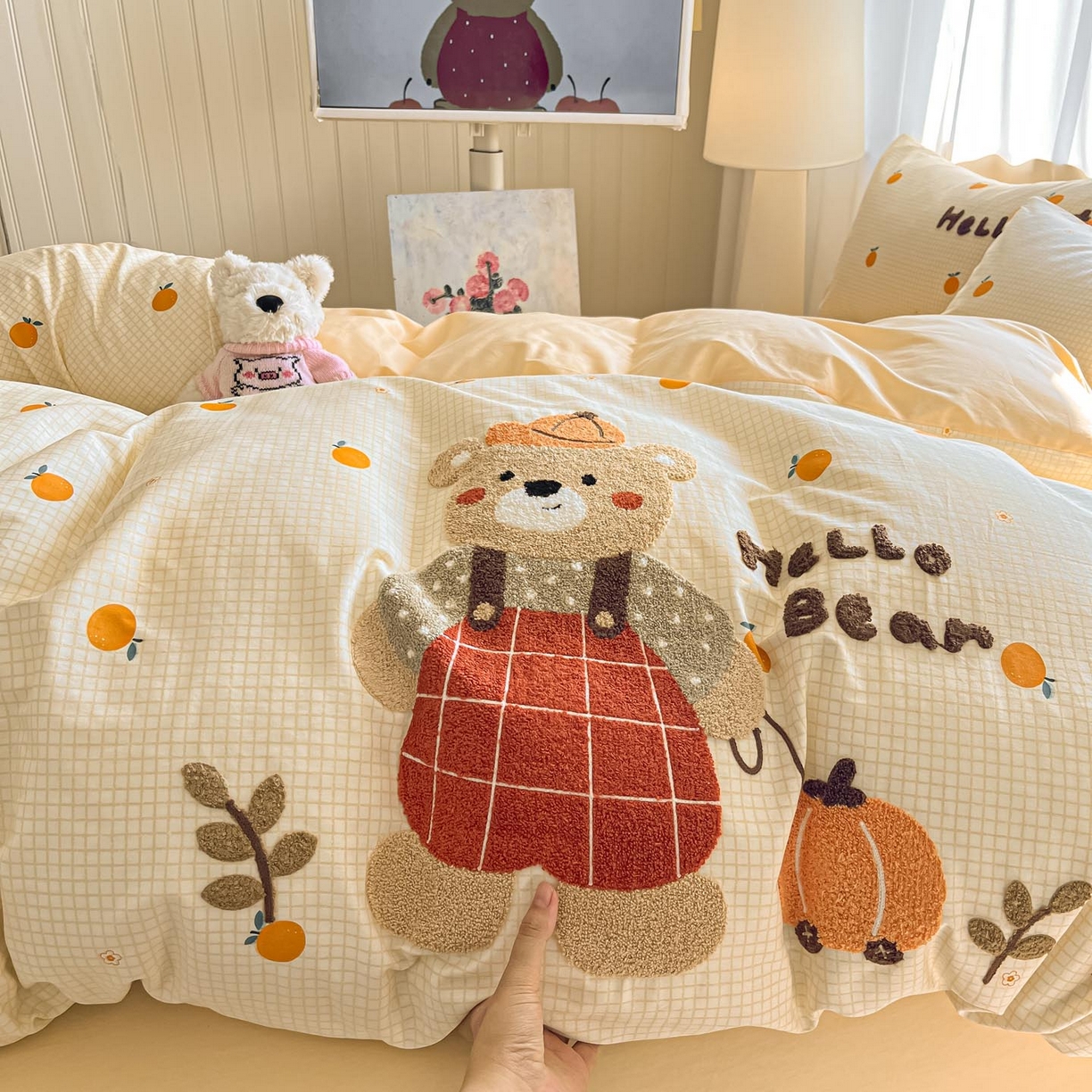 91家纺网 家纺一手货源 找家纺 涵宸家纺 2026新款全棉印花毛巾绣四件套 南瓜熊