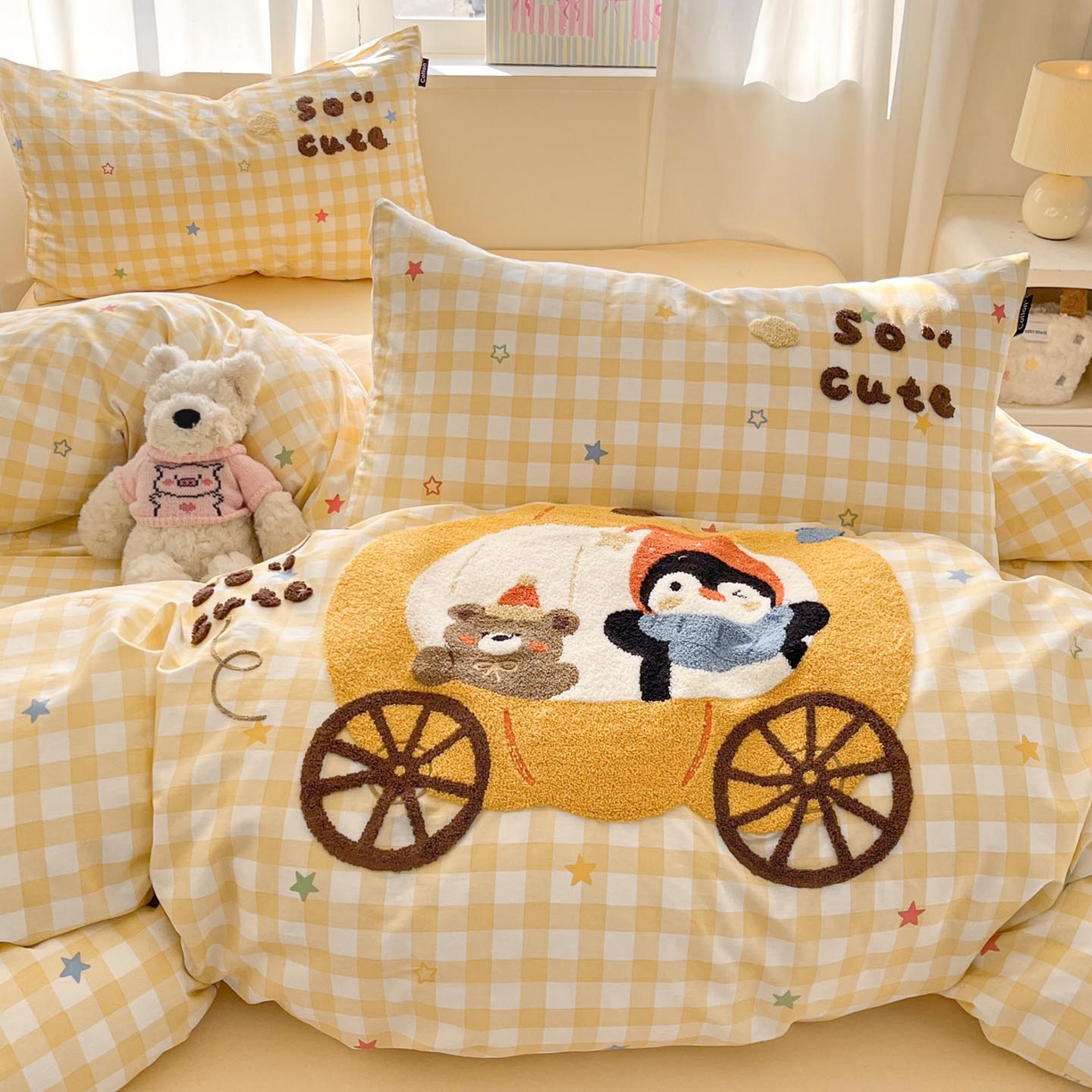 91家纺网 家纺一手货源 找家纺 涵宸家纺 2026新款全棉印花毛巾绣四件套 南瓜巡游