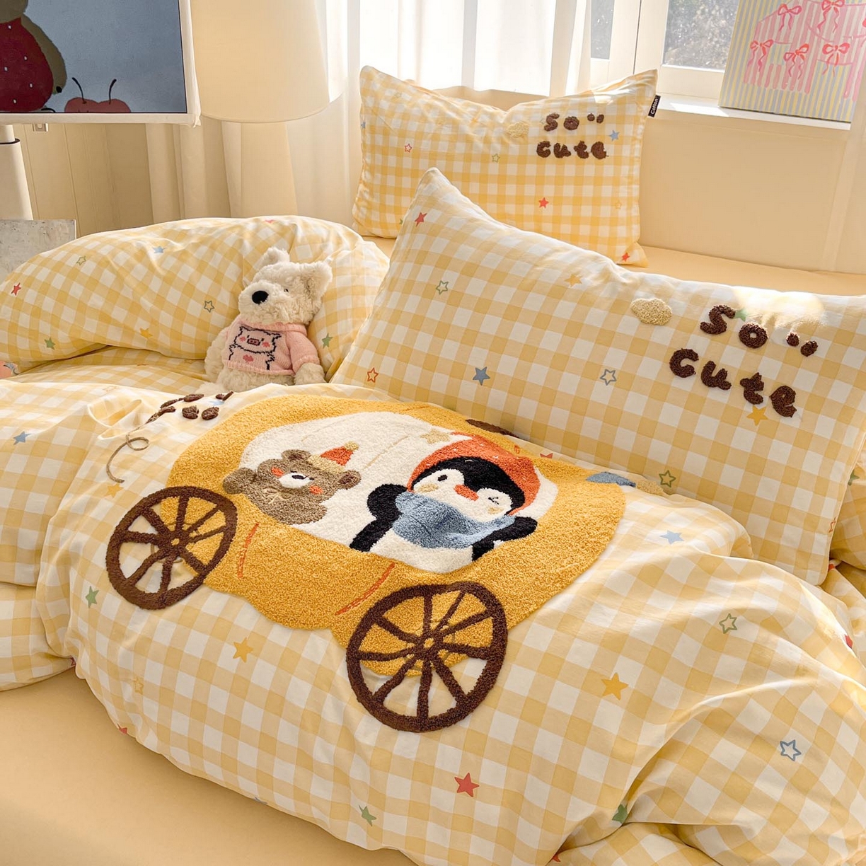 91家纺网 家纺一手货源 找家纺 涵宸家纺 2026新款全棉印花毛巾绣四件套 南瓜巡游