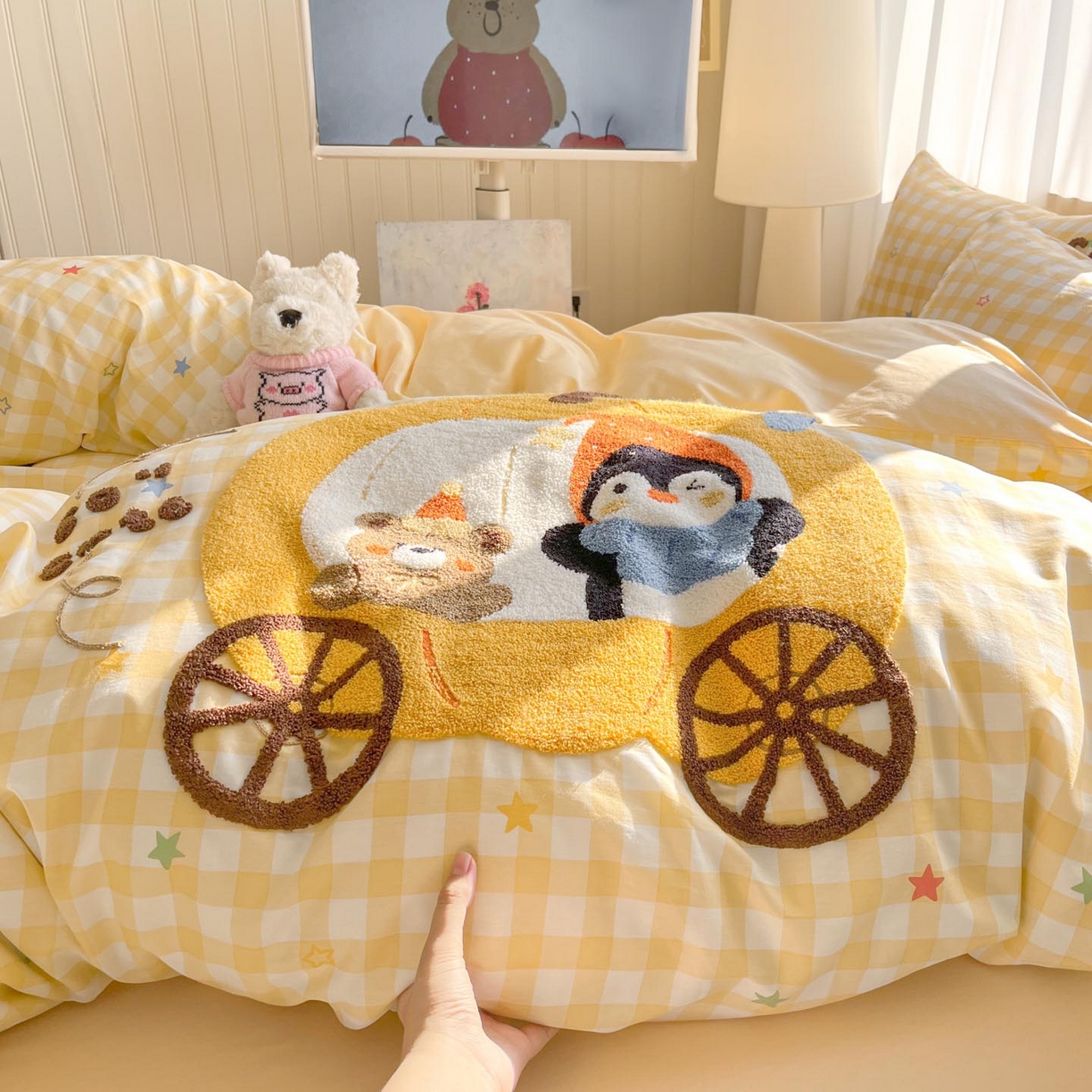 91家纺网 家纺一手货源 找家纺 涵宸家纺 2026新款全棉印花毛巾绣四件套 南瓜巡游