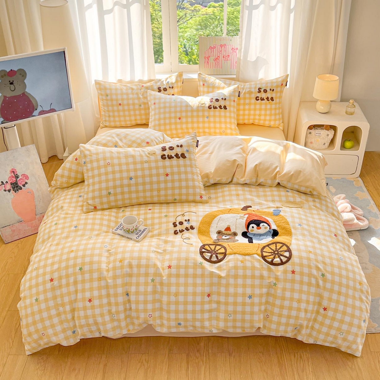 91家纺网 家纺一手货源 找家纺 涵宸家纺 2026新款全棉印花毛巾绣四件套 南瓜巡游