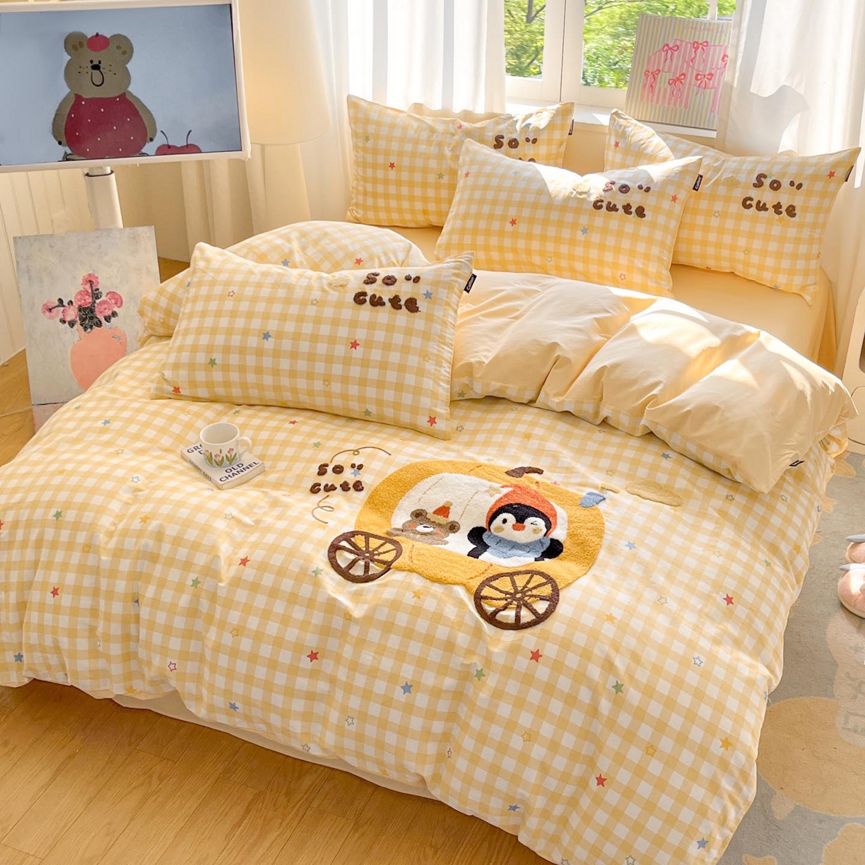 91家纺网 家纺一手货源 找家纺 涵宸家纺 2026新款全棉印花毛巾绣四件套 南瓜巡游