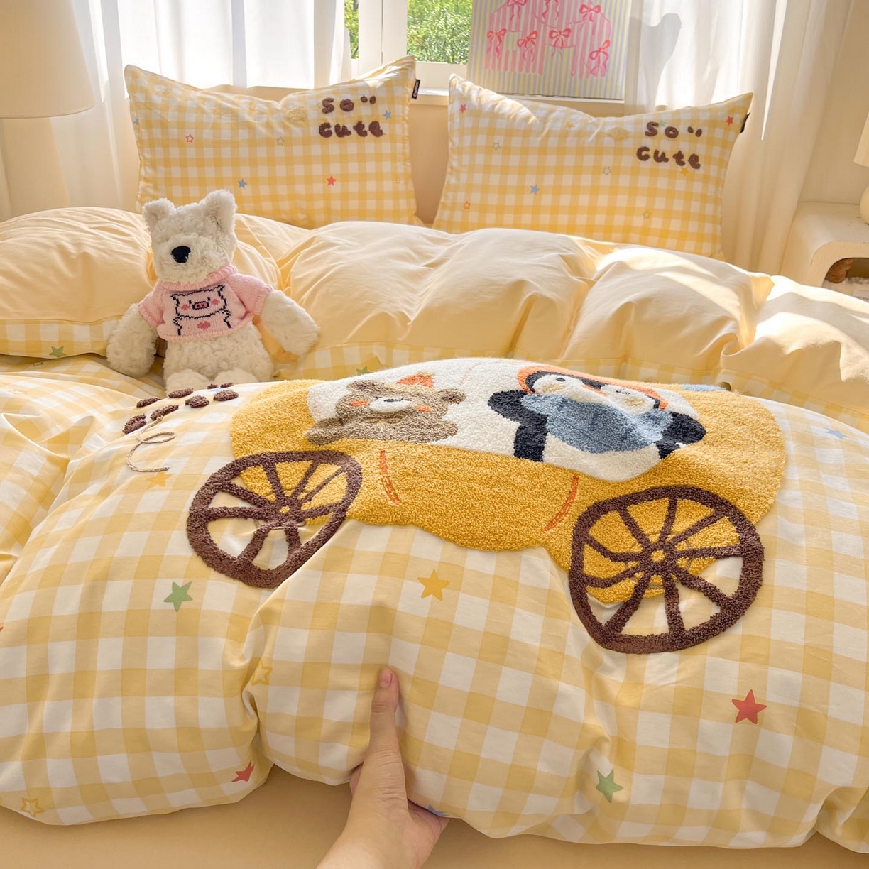 91家纺网 家纺一手货源 找家纺 涵宸家纺 2026新款全棉印花毛巾绣四件套 南瓜巡游