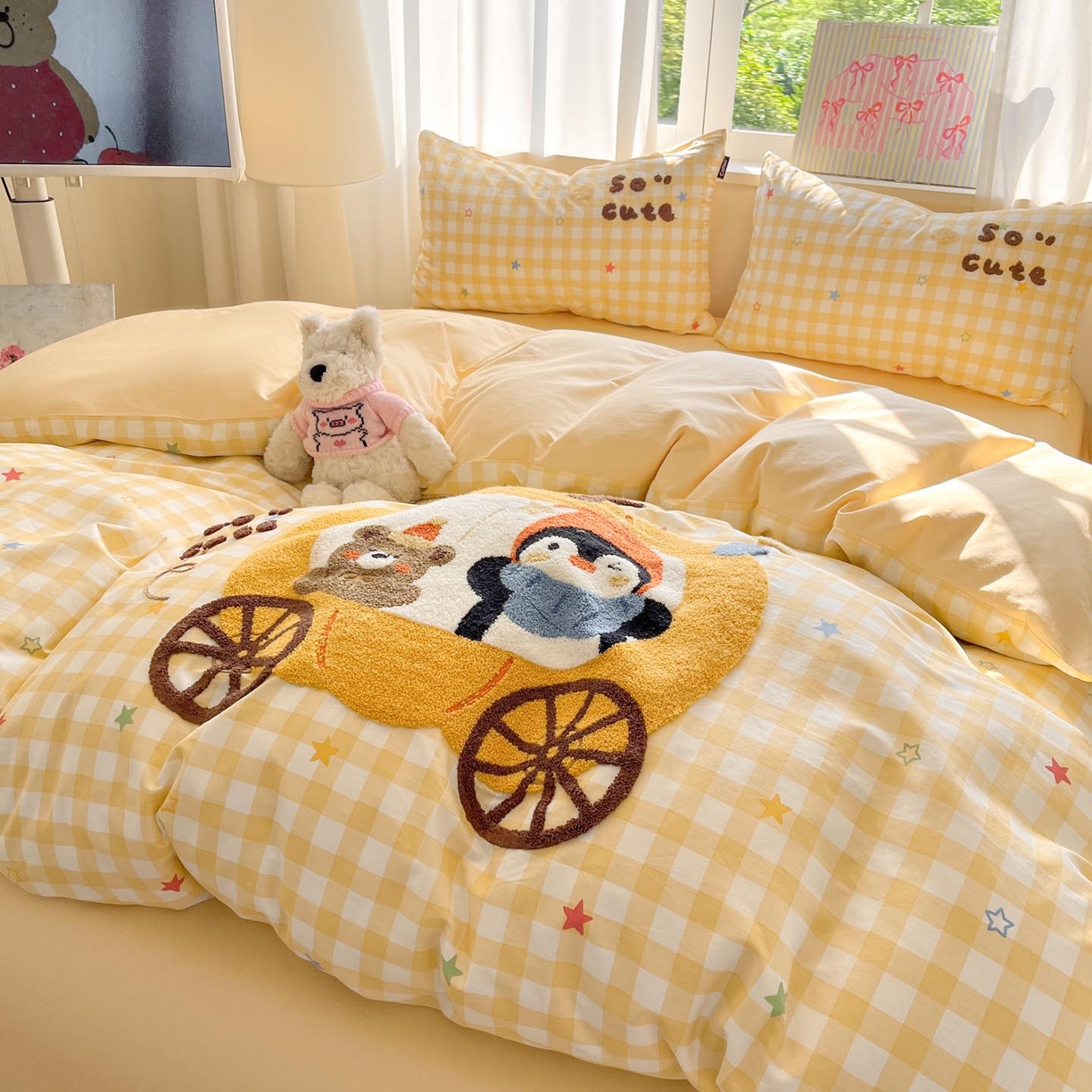 91家纺网 家纺一手货源 找家纺 涵宸家纺 2026新款全棉印花毛巾绣四件套 南瓜巡游