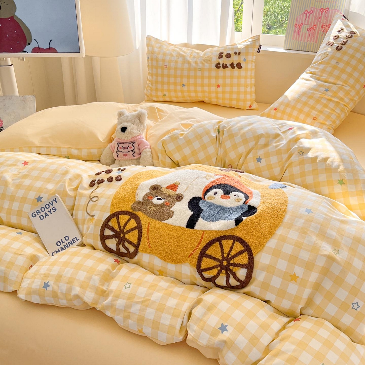 91家纺网 家纺一手货源 找家纺 涵宸家纺 2026新款全棉印花毛巾绣四件套 南瓜巡游