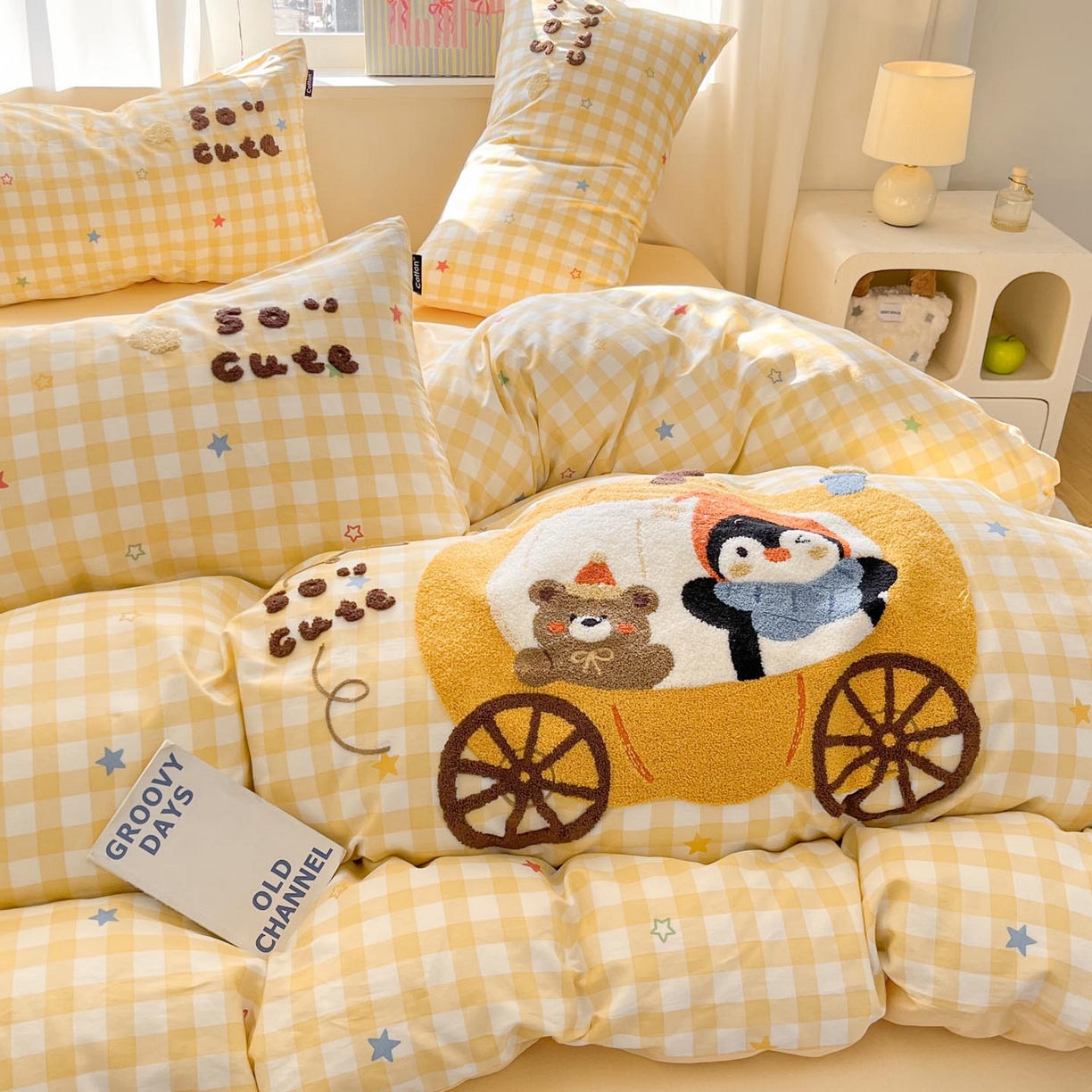 91家纺网 家纺一手货源 找家纺 涵宸家纺 2026新款全棉印花毛巾绣四件套 南瓜巡游