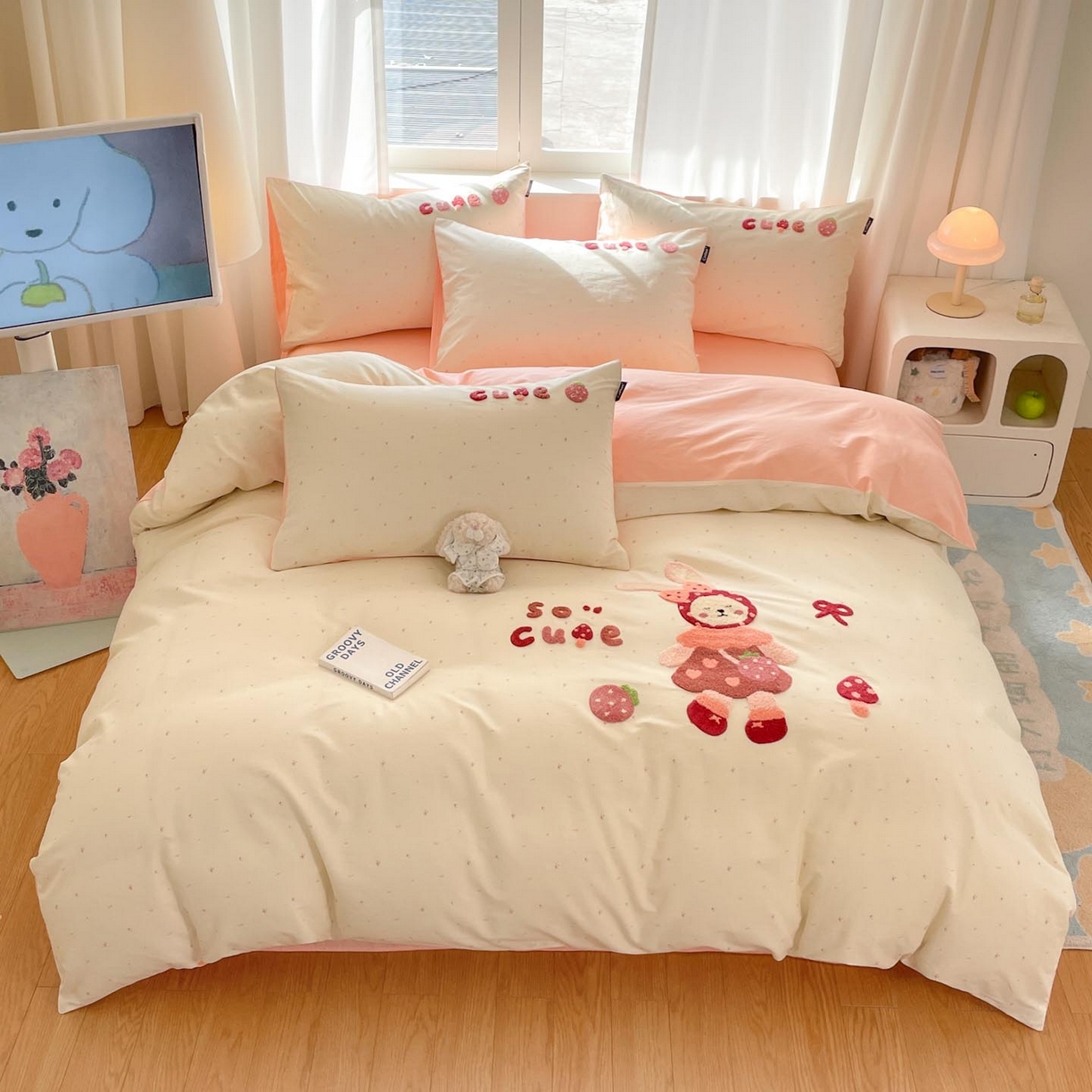 91家纺网 家纺一手货源 找家纺 涵宸家纺 2026新款全棉印花毛巾绣四件套 甜心兔