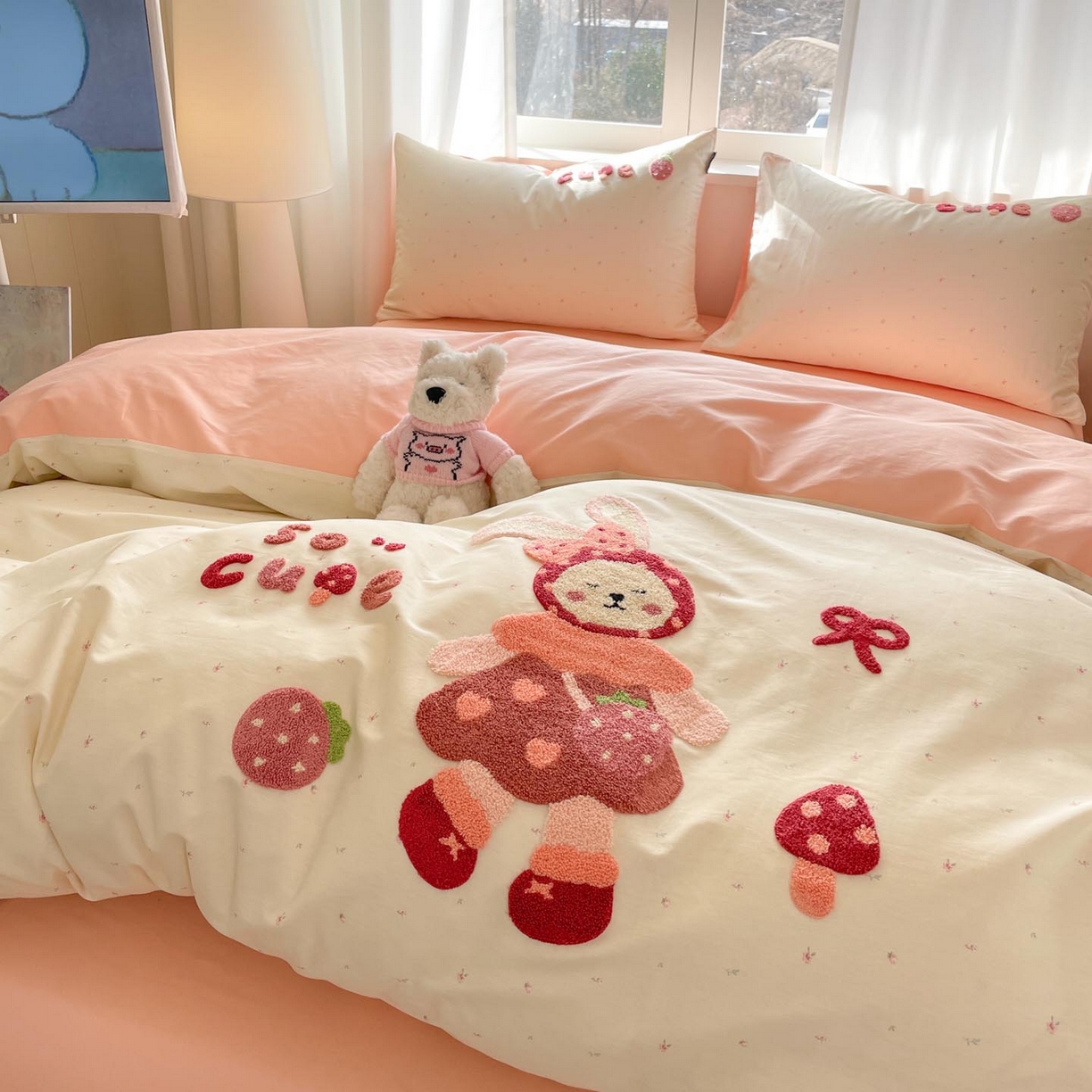 91家纺网 家纺一手货源 找家纺 涵宸家纺 2026新款全棉印花毛巾绣四件套 甜心兔