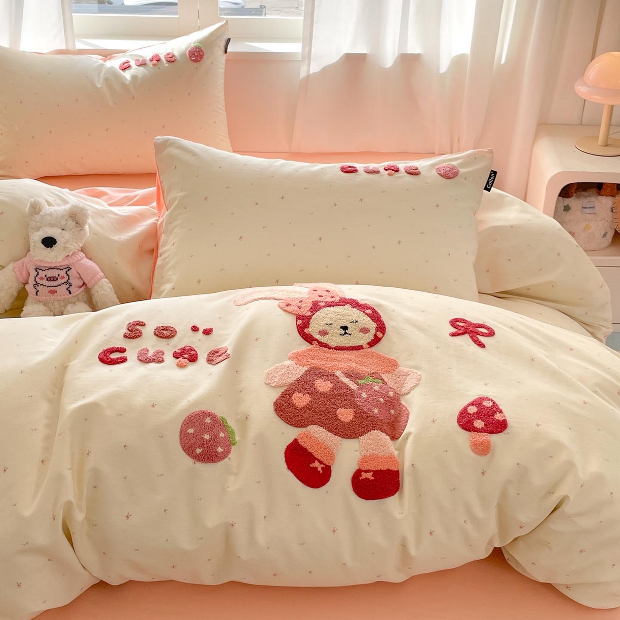 91家纺网 家纺一手货源 找家纺 涵宸家纺 2026新款全棉印花毛巾绣四件套 甜心兔