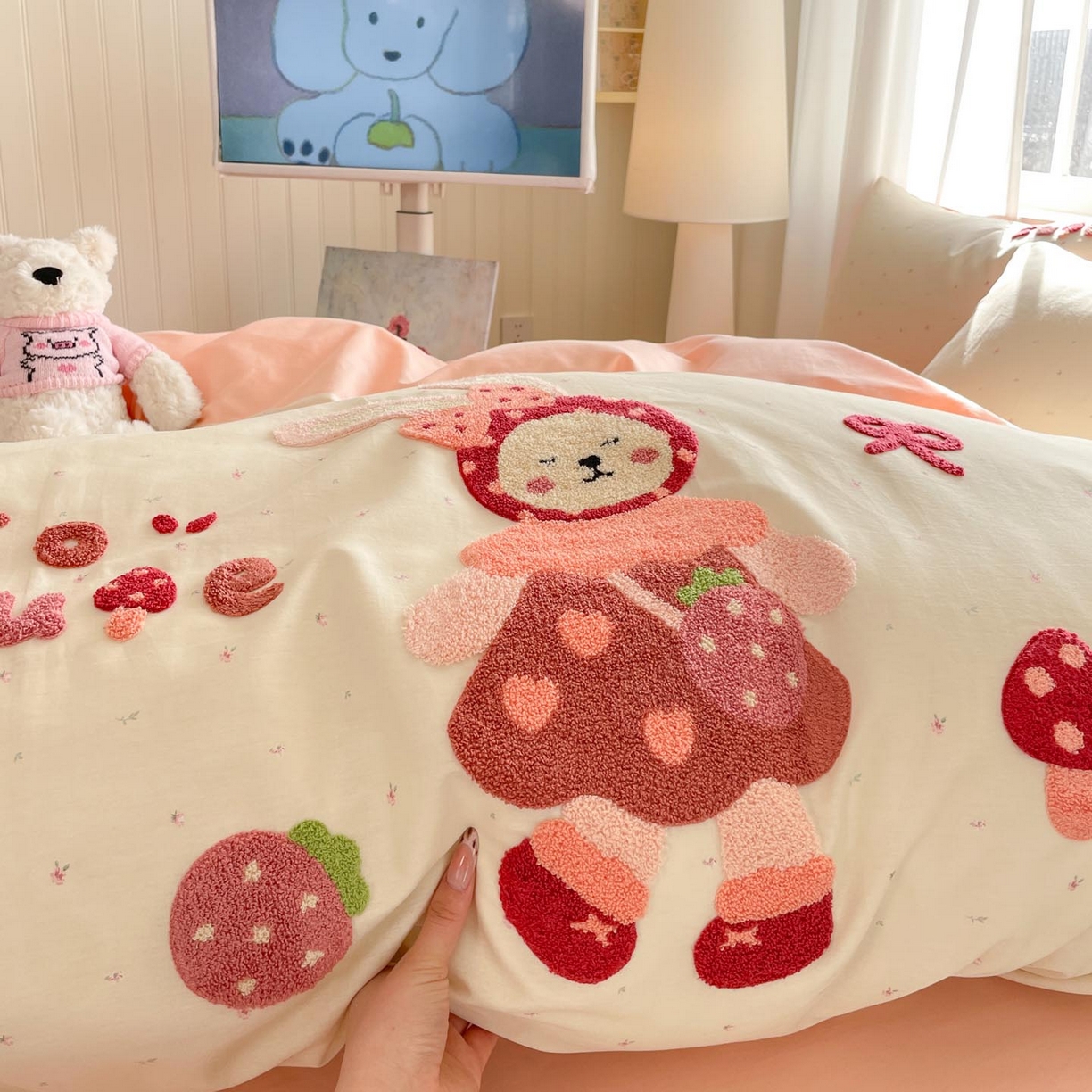 91家纺网 家纺一手货源 找家纺 涵宸家纺 2026新款全棉印花毛巾绣四件套 甜心兔