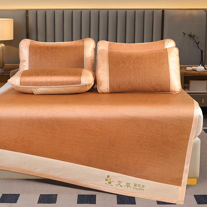 91家纺网 家纺一手货源 找家纺 步步高席业 2026新款艾草刺绣宽边凉席藤席 艾草水中花