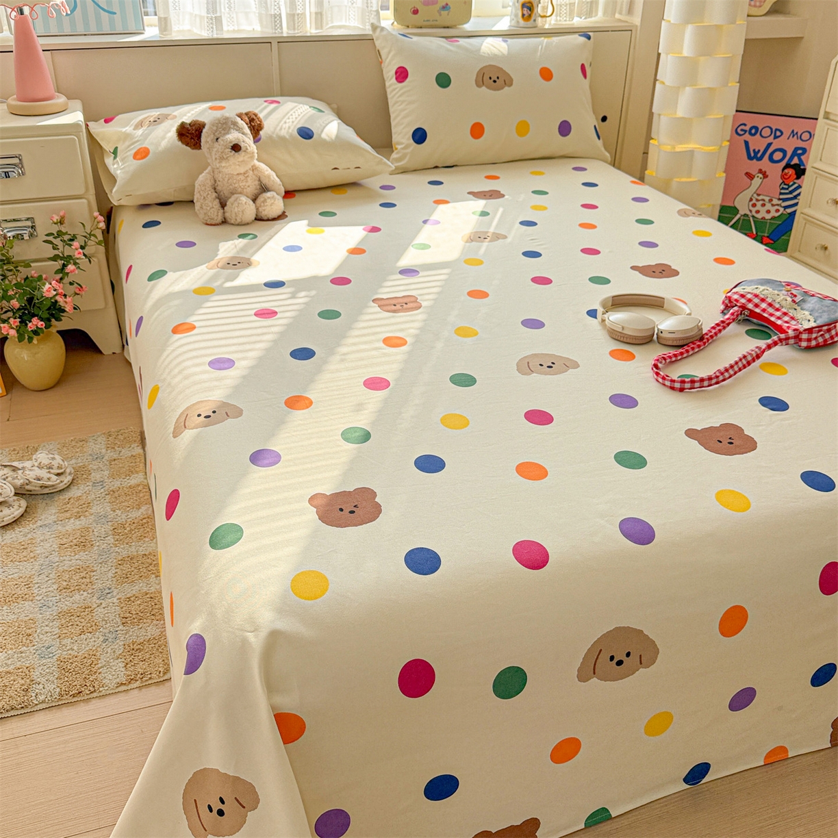 91家纺网 家纺一手货源 找家纺 名兮家居 2026新款全棉A类卡通简约时尚老粗布床单 彩色点点熊