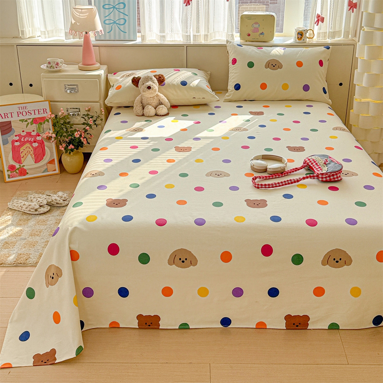 91家纺网 家纺一手货源 找家纺 名兮家居 2026新款全棉A类卡通简约时尚老粗布床单 彩色点点熊