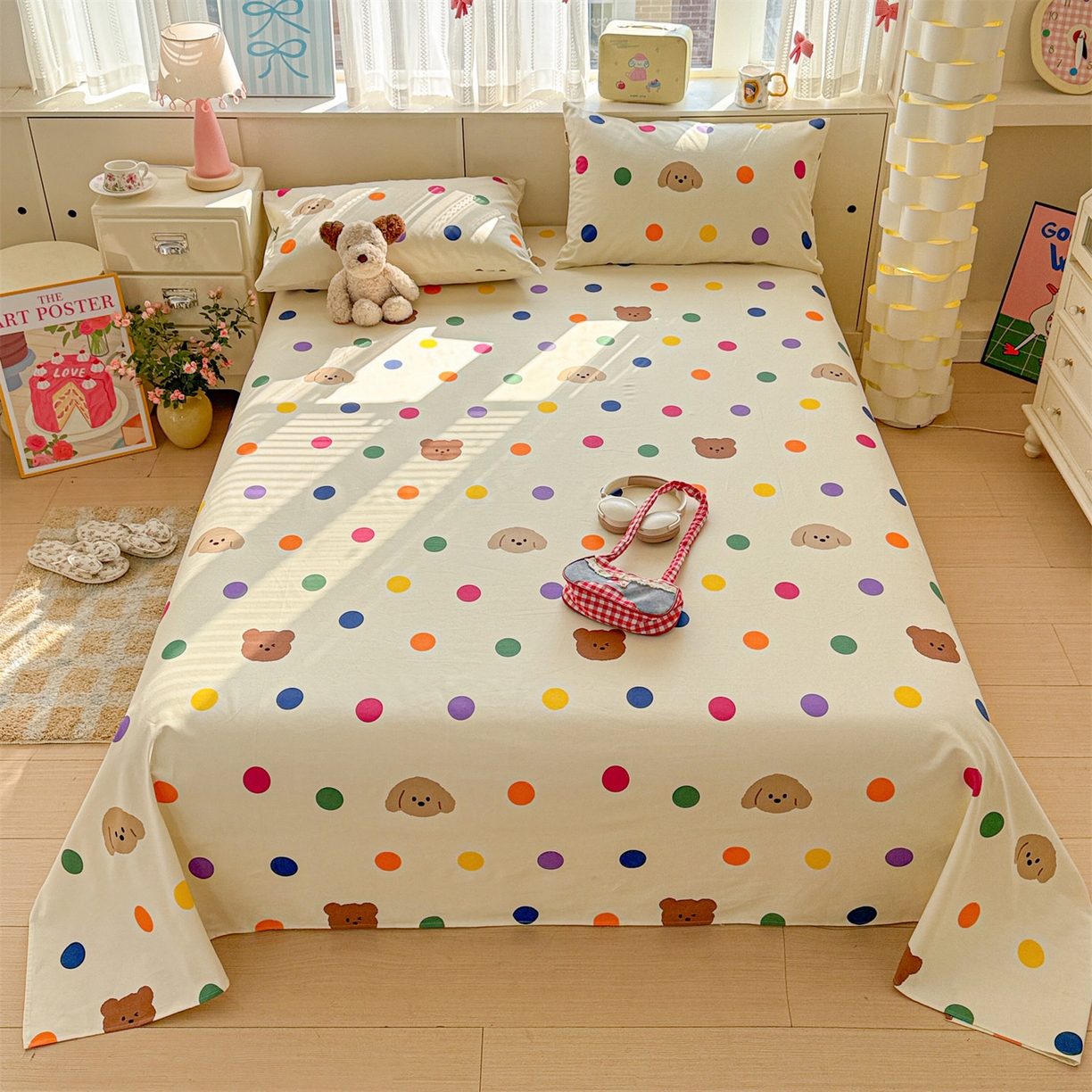 名兮家居 2026新款全棉A类卡通简约时尚老粗布床单 彩色点点熊