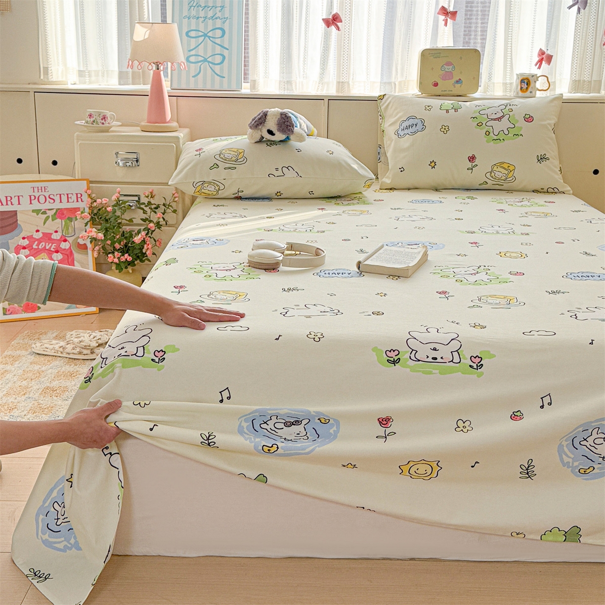 91家纺网 家纺一手货源 找家纺 名兮家居 2026新款全棉A类卡通简约时尚老粗布床单 休闲时光
