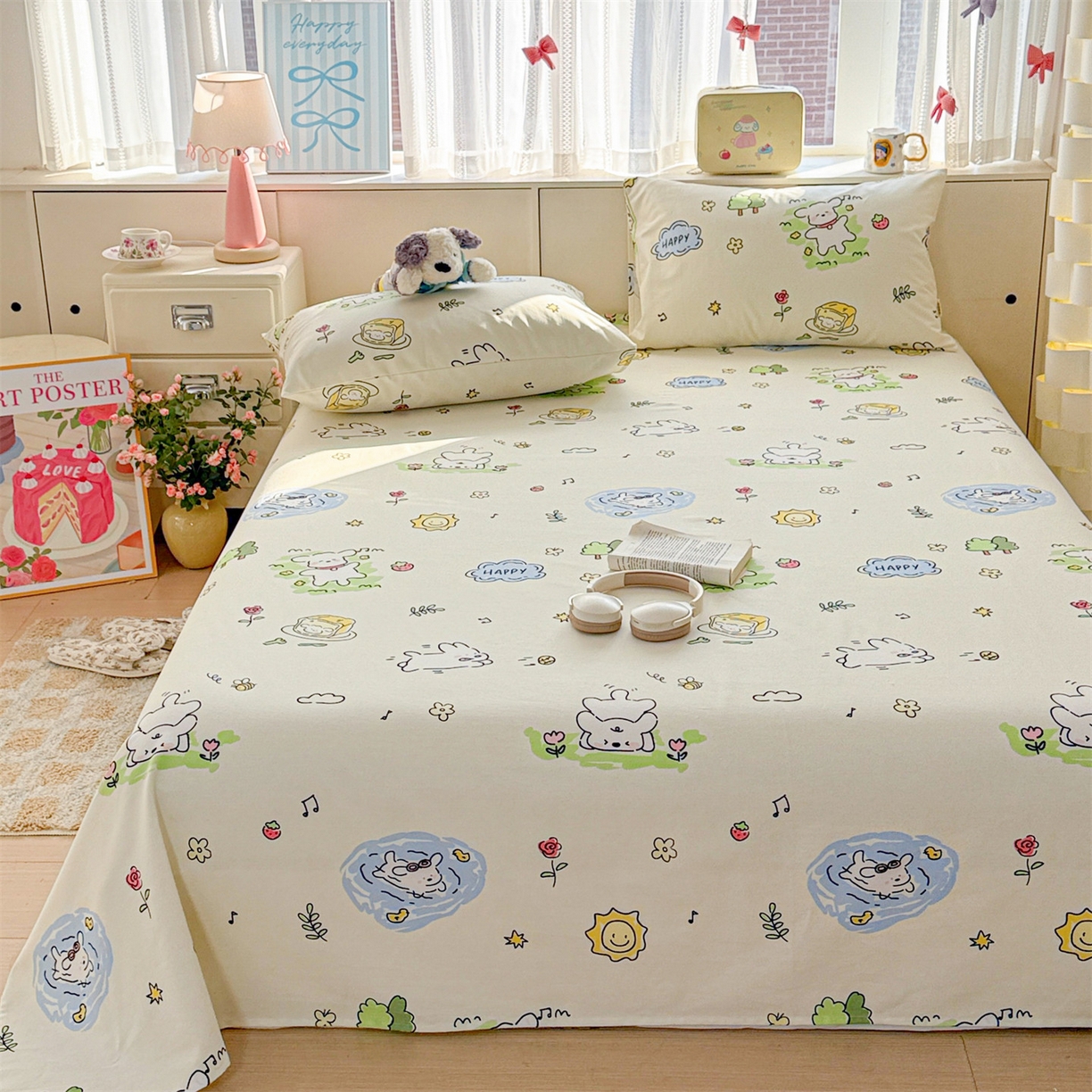 91家纺网 家纺一手货源 找家纺 名兮家居 2026新款全棉A类卡通简约时尚老粗布床单 休闲时光