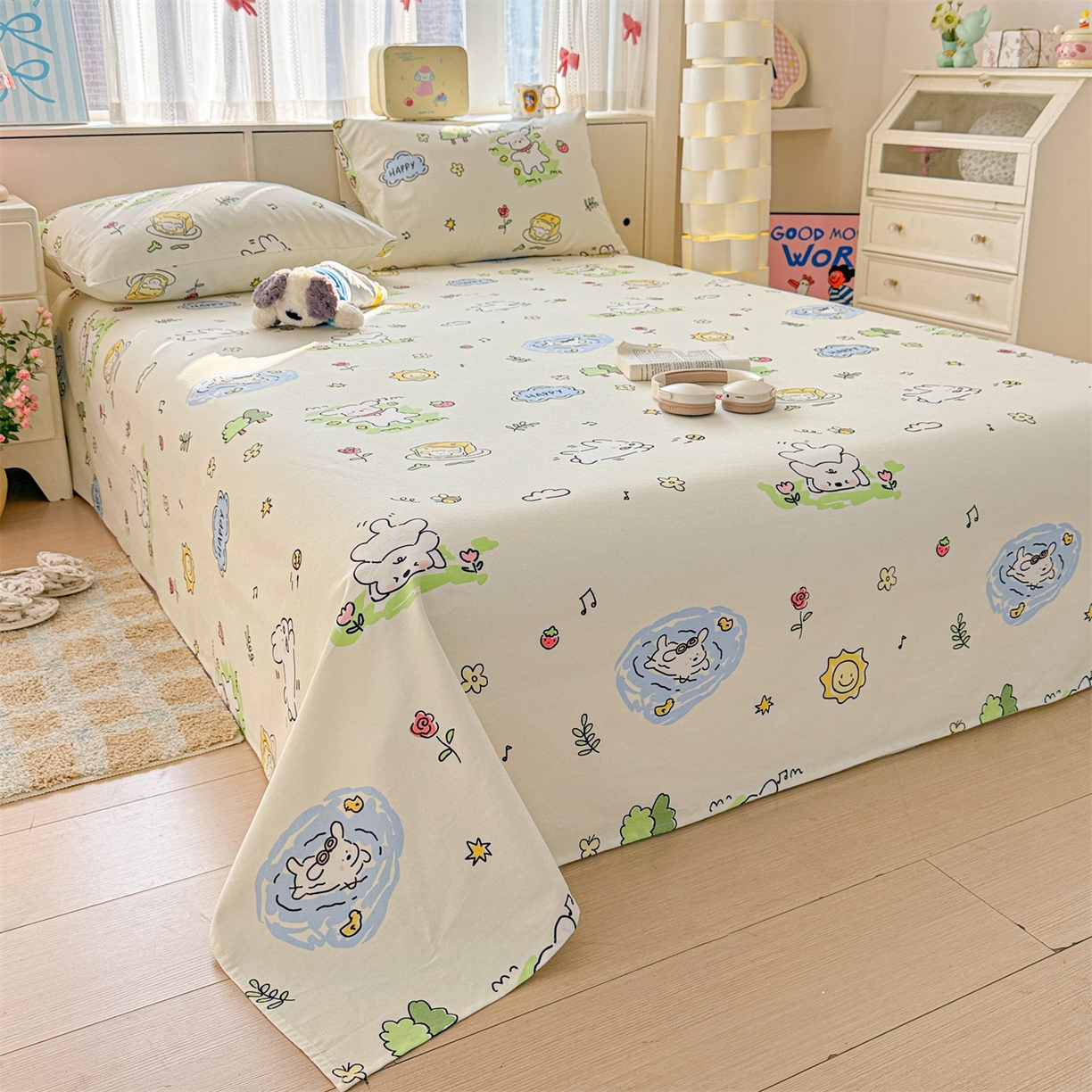 91家纺网 家纺一手货源 找家纺 名兮家居 2026新款全棉A类卡通简约时尚老粗布床单 休闲时光