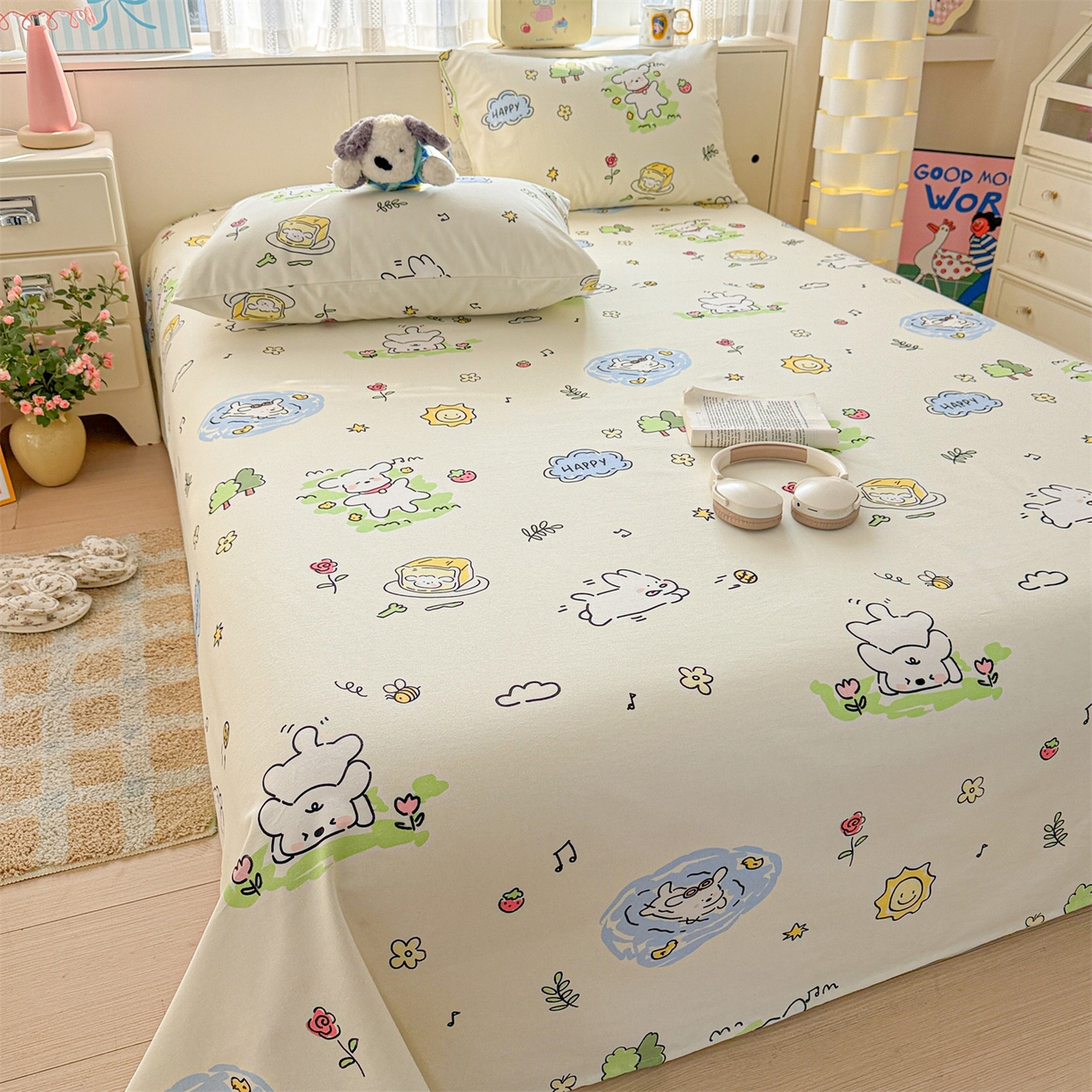 91家纺网 家纺一手货源 找家纺 名兮家居 2026新款全棉A类卡通简约时尚老粗布床单 休闲时光