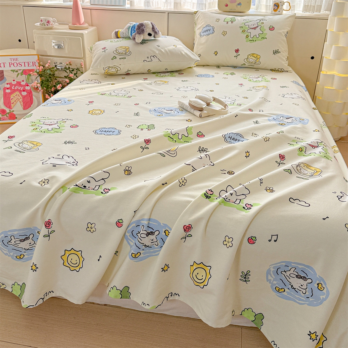 91家纺网 家纺一手货源 找家纺 名兮家居 2026新款全棉A类卡通简约时尚老粗布床单 休闲时光