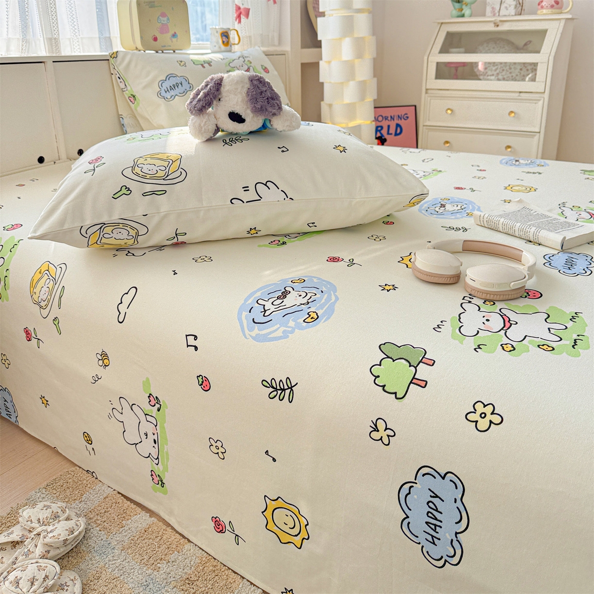 91家纺网 家纺一手货源 找家纺 名兮家居 2026新款全棉A类卡通简约时尚老粗布床单 休闲时光