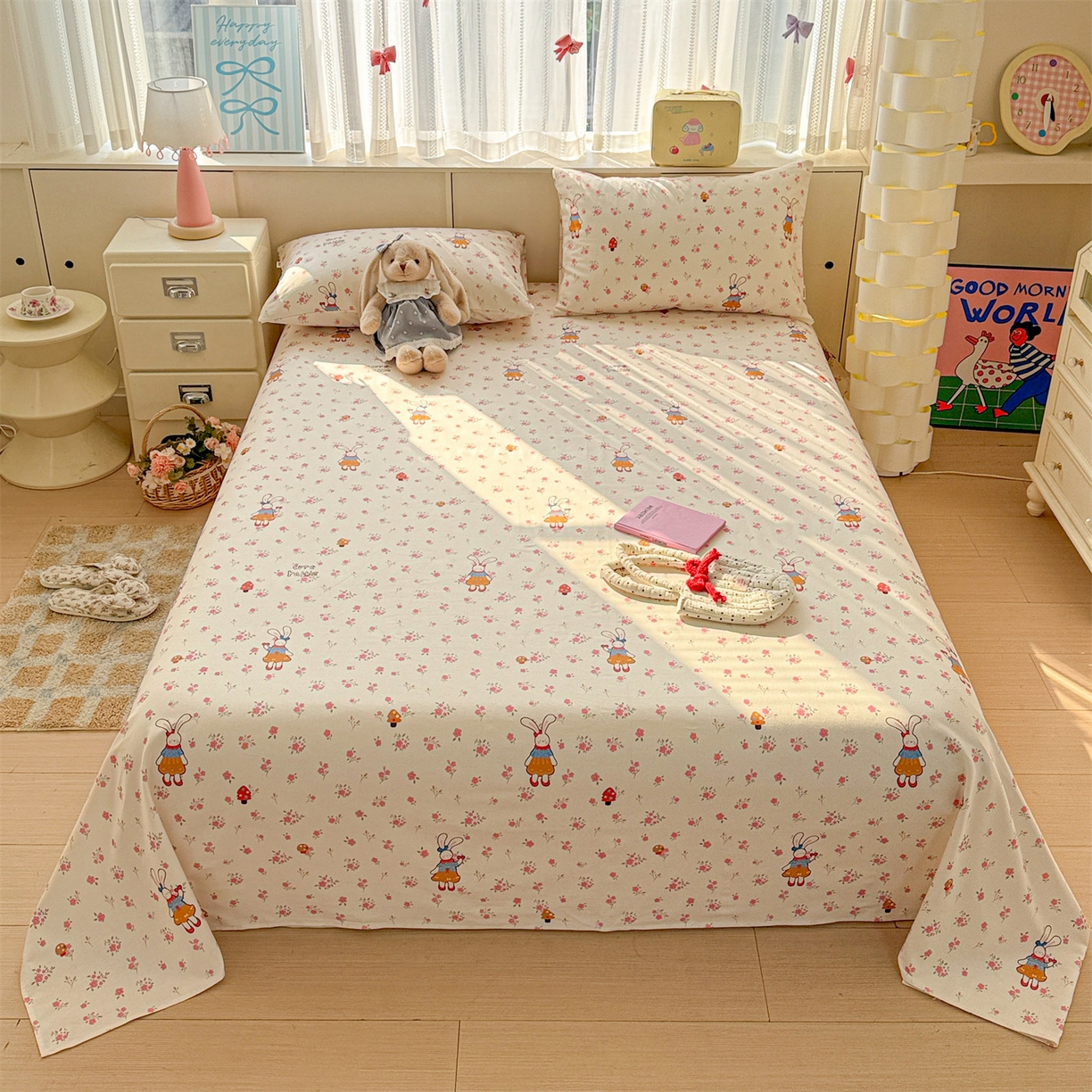 名兮家居 2026新款全棉A类卡通简约时尚老粗布床单 花漾小兔